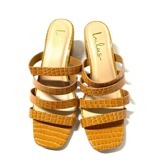 NEW Lulus Zaynie Tan Crocodile Embossed Strappy High Heel Sandal Size 8.5 - Picture 3 of 6